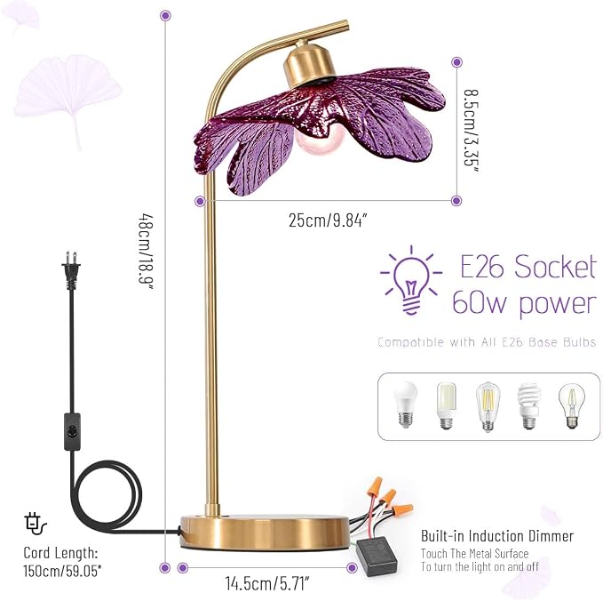 Touch Control Table Lamp, Mid Century Modern Gold Nightstand Lamp, 18.9-inch Vintage Purple Glass Table Light for Bedroom, Living Room, Farmhouse End Table, Set of 2
