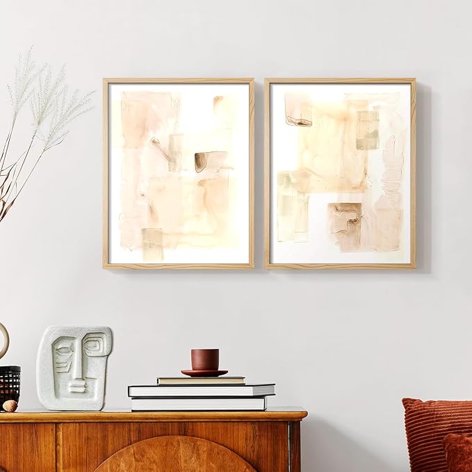 Renditions Gallery Set of 2 Peel & Stick Framed Prints, Abstract Wall Art, Mixed Handmade Oil Painting Wall Decor, Re-Stickable - Ready to Hang - 16"x20" - NATURAL WOOD Frame LT588