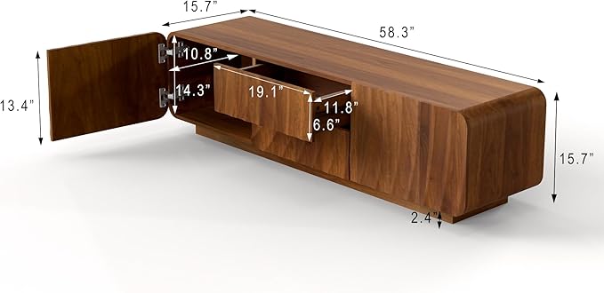 LKTART 58'' TV Stand with Storage & 2 Drawers, Modern TV Console with Water Ripple Door Panels Mid-Century Credenza Sideboard Buffet Cabinet for Kitchen & Living Room (Walnut)