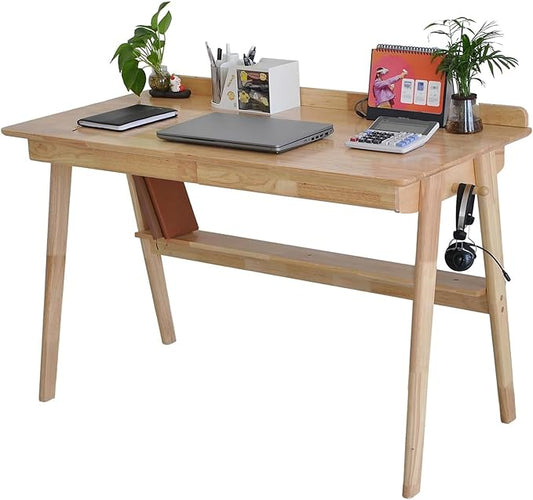 Mid-Century 39" Desk Solid Wood Writing Desk with 2 Drawers and Lower Shelf, Home Office Table for Study or Work or Dining with 2 Hanging Rod, Natural