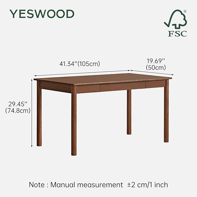 YESWOOD 100% Solid Wood Desk, Mid Century Modern Computer Desk, Home Office Writing Desk with Drawers for Study Living Room 41.33" W