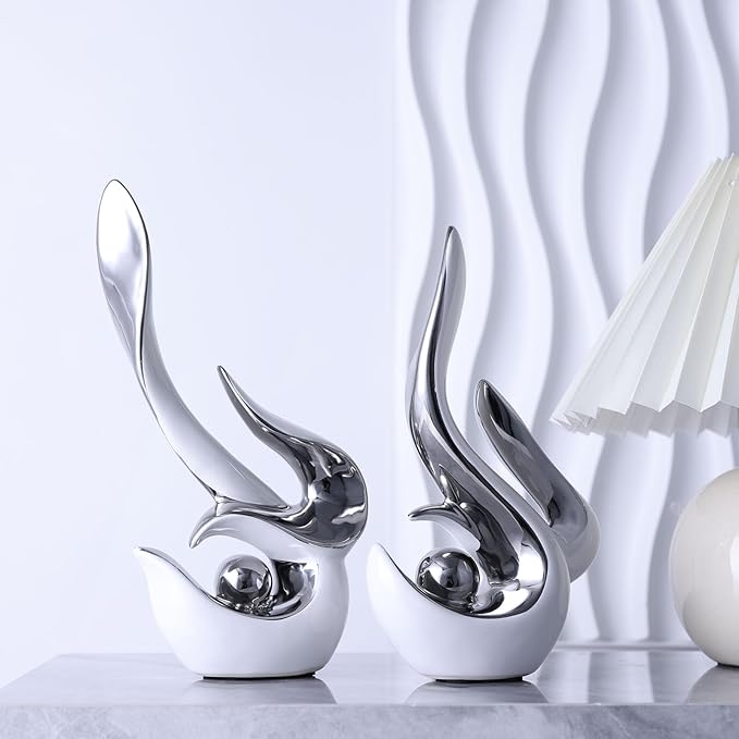 Mid Century Modern Abstract Art Home Decor Accent,Porcelain Statues for Living Room Coffee Table Centerpieces for Dining Room,Ceramic Sculptures and Gold Knick Knacks for TV Stand Decor (White Silver)