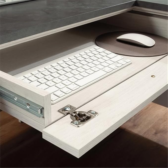 Bowery Hill L-Shaped Engineered Wood Desk, Glacier Oak/Rosso Slate Finish, 68.74"W x 65.11"D x 29.60"H, Multiple Drawers, File Storage, Adjustable Shelf, Grommet Holes, Home Office Computer Workspace