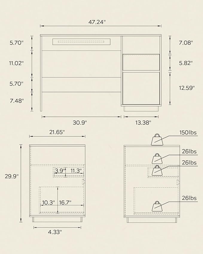 47" Executive Desk with File Drawer, Farmhouse Computer Desk with Charging Station and Open Storage Compartment Wooden Home Office Desk for Writing Study Working, Brown