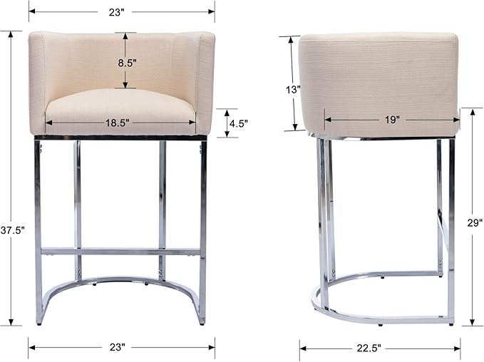 Contemporary Cream Linen Bar Stools Set of 3, 29" Upholstered Fabric Counter Height Barstools Kitchen Counter Island Stools with Screwed Together Chrome Finish Base