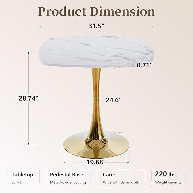 Square Dining Table,31.5" Tulip Table with Metal Pedestal,15-Minute Quick Assembly,Mid Century Modern Leisure Table for Kitchen Small Places Cafe (Faux Marble White Gold)