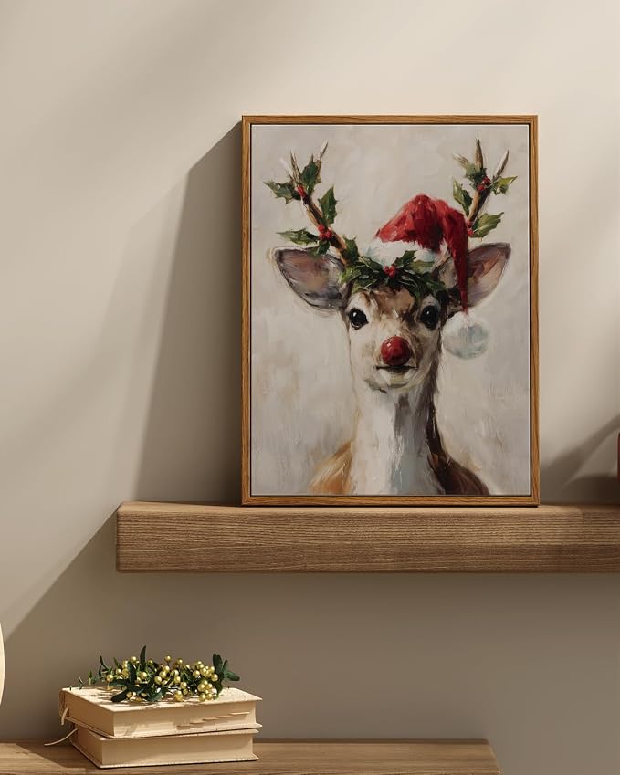 InSimSea Christmas Decor Framed Wall Art, Elk wearing a Santa hat Canvas Painting, elegant Holiday decor Unique Christmas Gifts For Table Wall Farmhouse Mantel Home Office 16L x 12W