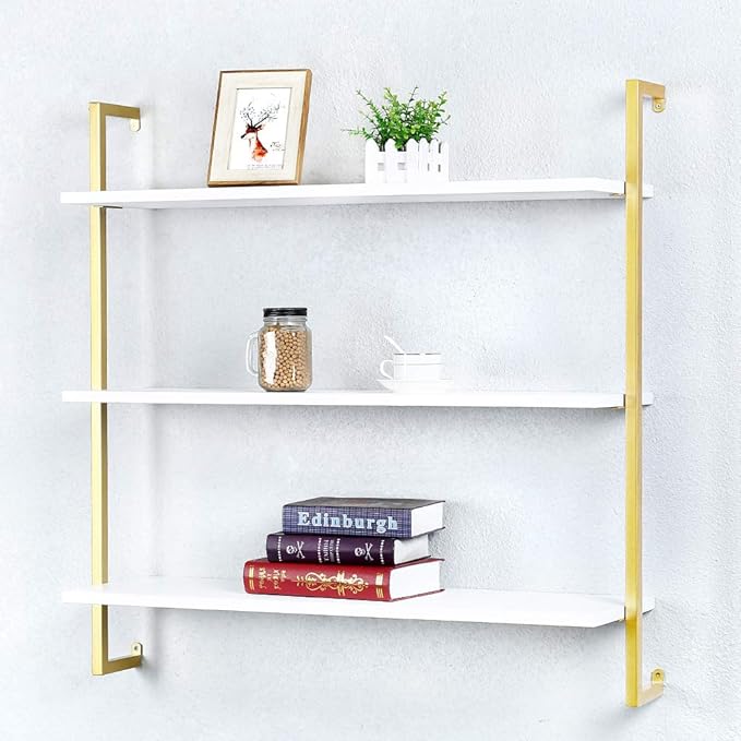 Industrial Metal Wall Shelf,Floating Wood Shelves Wall Mounted,36in Iron Real Wood Book Shelves,3 Tier Bookshelf Shelving