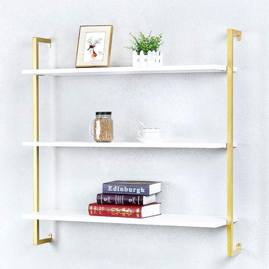 Industrial Metal Wall Shelf,Floating Wood Shelves Wall Mounted,36in Iron Real Wood Book Shelves,3 Tier Bookshelf Shelving