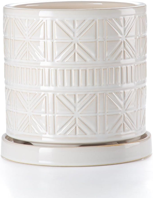 Ceramic Plant Pots Indoor-Outdoor: 8 Inch Embossed Planters with Drainage Hole & Saucer - Modern Decorative Flower Pots for Home Garden Patio Office Decor