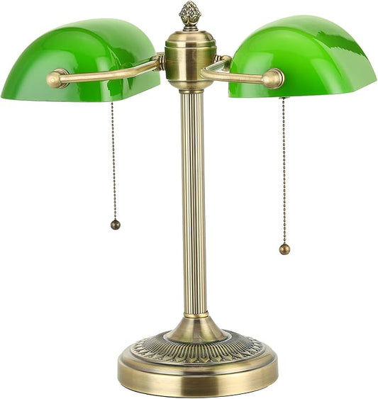 Newrays Green Double Head Glass Bankers Desk Lamp with Pull Chain Switch Plug in Fixture for Library, Office, Cafe