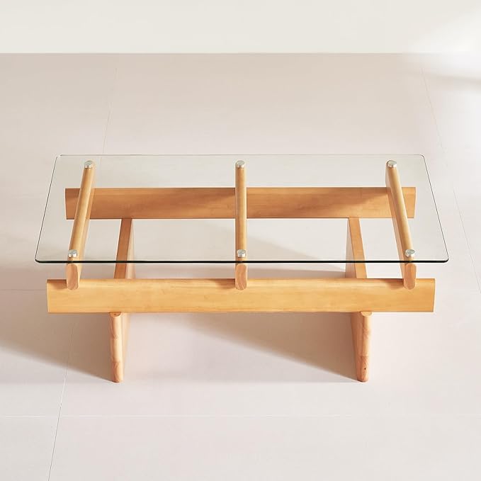 IWOOD Glass Coffee Table for Living Room,100% Solid Wood Coffee Table with Rectangular Tempered Glass Top,Mid Century Modern Coffee Table,Wood