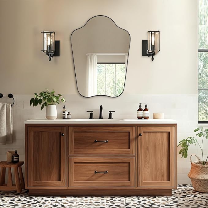 ANDY STAR Scalloped Bathroom Mirror, 24x36 Black Irregular Mirror with Curved Design, Wavy Wall Mirror for Vanity, Powder Room, Stainless Steel Frame, Anti-Rust