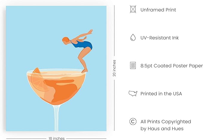 HAUS AND HUES Preppy Pictures Bar Art - Colorful Cocktail Prints, Bar Cart Accessories, Minimalist Blue and Orange Picture for Room Aesthetic, Bar Wall Decor, Vintage Aperol Spritz (16x20 Unframed)
