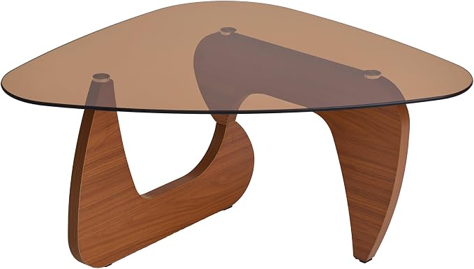 43.3'' Modern Brown Glass Coffee Table with Geometry Base, Irregular Shape Coffee Table for Living Room Office, Brown Finish Wood Base, Mid-Century Style Cocktail Center Table for Small Space