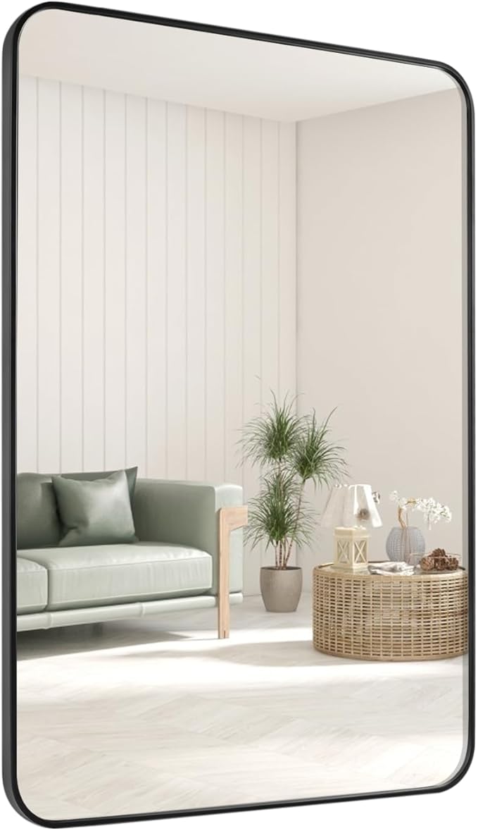 Black Bathroom Mirror 28X36 Inch Rounded Rectangle Wall Mirror Stainless Steel Metal Frame Vanity Mirror Anti-Rust for Entryway, Bathroom, Vanity, Living Room Hangs Vertically or Horizontally