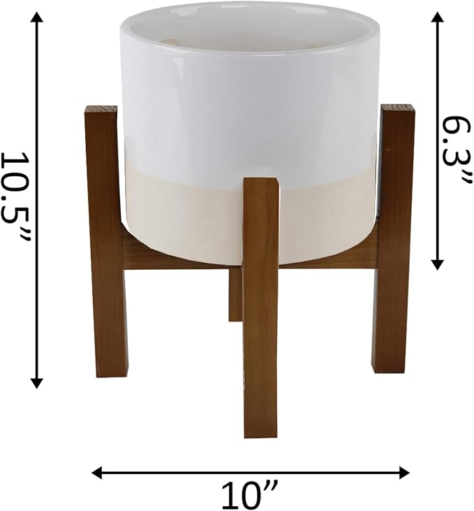 Flora Bunda Mid Century 8 Inch Ceramic Planter Large Two Tone Pot on Wood Stand, White