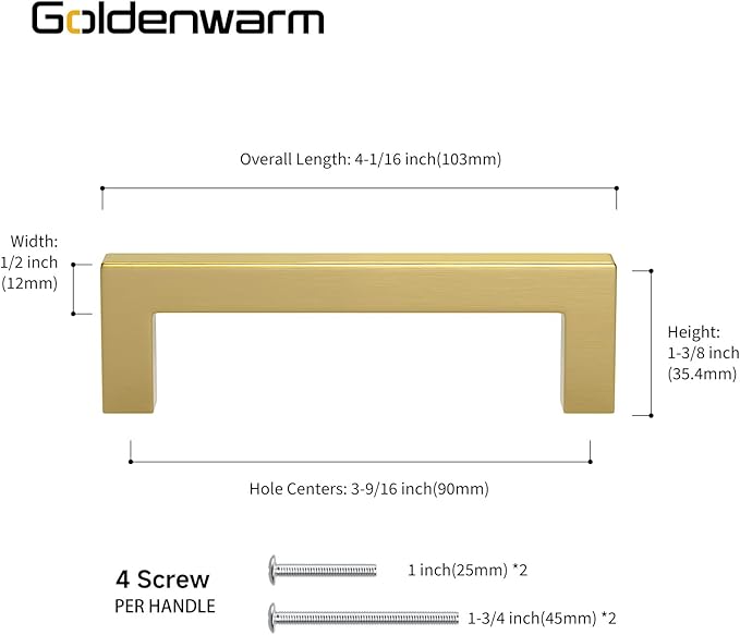 Goldenwarm Brushed Brass Kitchen Cabinet Knobs Drawer Pulls - LSJ12GD90 Modern Gold Furniture Hardware 3-1/2 inch Hole Centers Cabinet Handles Square Bathroom Dresser Knobs 15 Pack