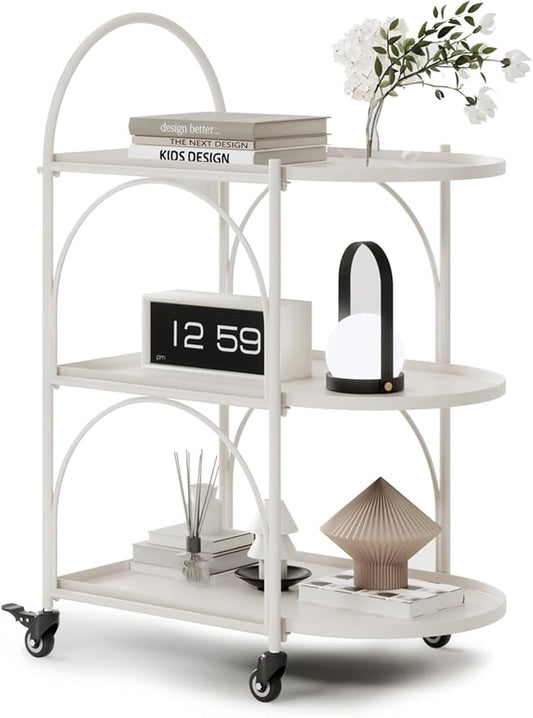 XIV Bar Cart, Metal Serving Cart for Home, Drink Cart, Rolling Beverage Cart with Lockable Wheels, Mobile Rolling Cart for Kitchen and Living Room (White)