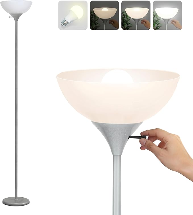 Brightech Sky Dome Dimmable LED Floor Lamp, Torchiere Floor Lamp for Living Room, Bedroom, & Office – Tall Torch Standing Lamp for Reading, Modern Home Decor – Platinum Silver
