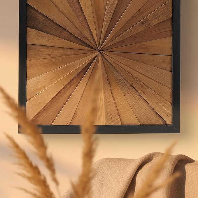 Greenage Natural Teak Wood Wall Art 17"x17" Rustic Farmhouse Sunrise Pattern Natural Wood Decor Hanging Decoration Textured Wooden Frame Wall Panel for Home Living Room Bedroom Meeting Room
