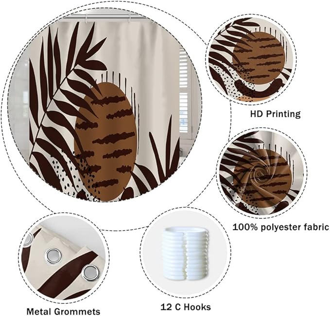 Mid Century Boho Shower Curtain 72x84 Inch Abstract Geometric Brown Plant Leaves Sun Modern Minimalist Shower Curtain for Bathroom Decoration with Hooks Waterproof Polyester Fabric