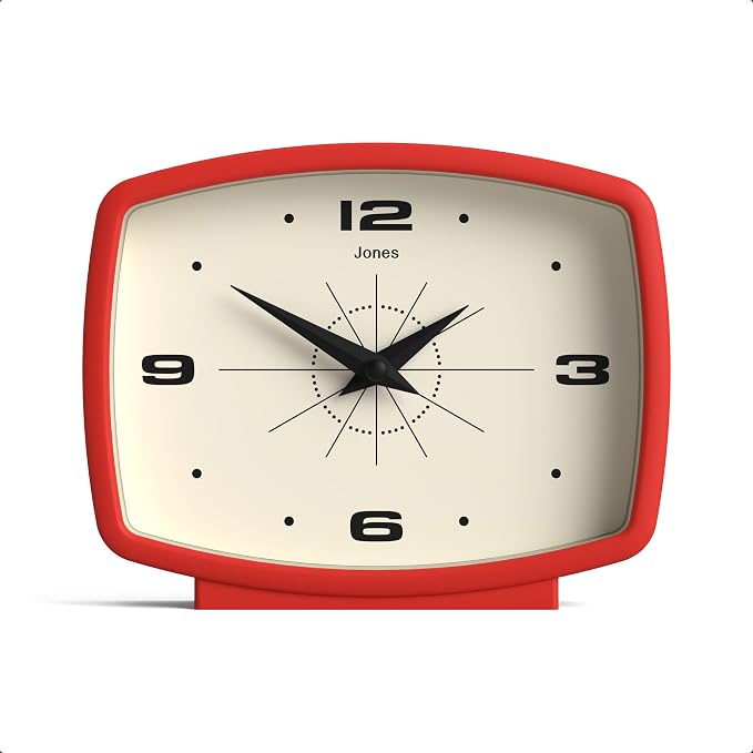 JONES CLOCKS® Film Desk Clock | Retro Rectangular Design | Red | Retro Design, Blending mid Century Style with a Punchy Modern Finish for Shelf, Table, Mantel or Bedside