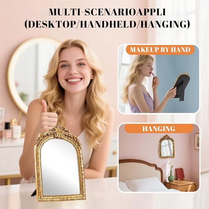 YUSONG Vintage Desk Mirror – 8" Gold Antique Tabletop Mirror with Resin Frame, Decorative Wall Art for Living Room Bedroom Vanity Desk Decor, Birthday Gift