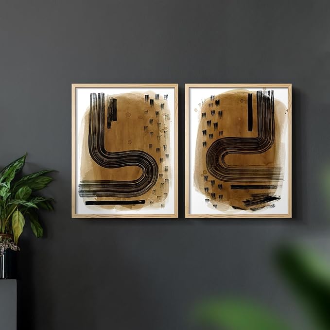 Renditions Gallery Set of 2 Peel & Stick Framed Prints, Abstract Wall Art, Hand Drawn Ink Curves Wall Decor, Re-Stickable - Ready to Hang - 8"x10" - NATURAL WOOD Frame LT588