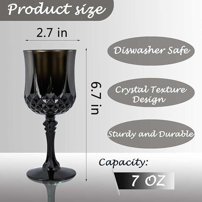 Plastic Wine Glasses, Plastic Goblets Vintage Style Cordial Drinking Glasses for Valentine’s Day, Wedding Reception, Grand Event Party Supplies (24, Black)