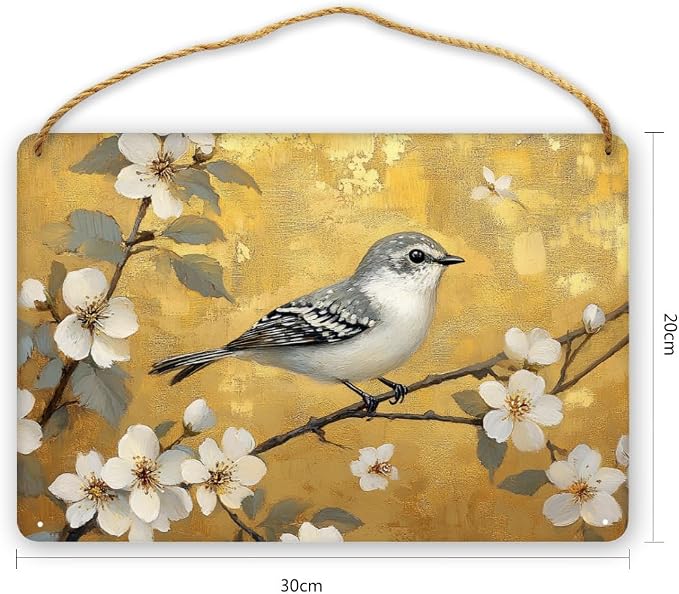 Artistic Retro Bird on Floral Branches Wooden Wall Art, Luxe Home Decors for Vintage Enthusiasts, 12x8 Inch Wood Sign to Add Glamour to Your Bedroom