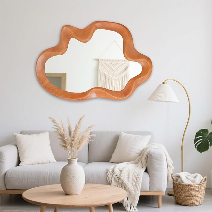 Gluck Plants Irregular Wall Mirror,Wavy Asymmetrical Wood Framed Decorative Mirror, Funky Modern Walnut Unique Large Shaped Decor Wall Mirrors for Entryway,Bedroom, Living Room;21"x32"