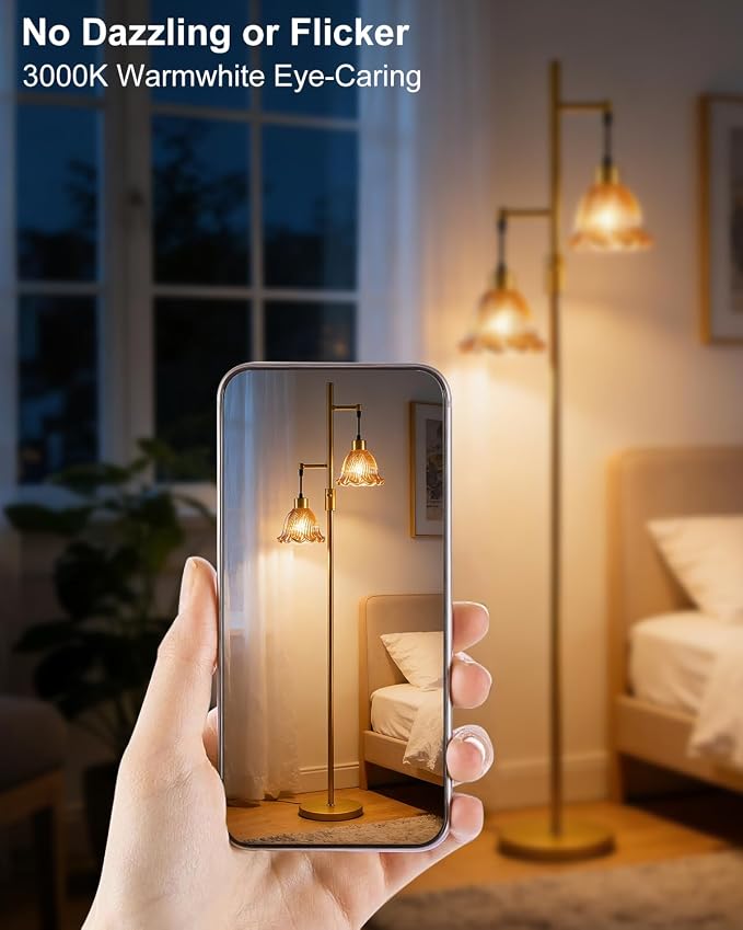 2-Light Modern Glass Floor Lamp, Gold Tall Standing Lamp with Amber Bell Glass Shade for Reading, Dimmable LED Floor Lamp with 5Lbs Heavy Base for Living Room Bedroom Home Decor, Bulb Included