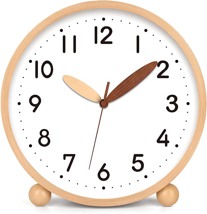 Maxspace Wooden Table Clock,8in Silent Non-Ticking Desk Clock,Battery Operated Desktop Analog Clock for Living Room Bedroom Kitchen Office Classroom Decor (Log - White)