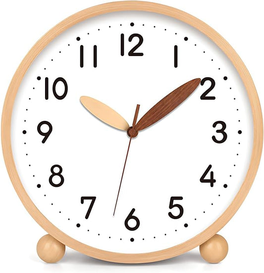Maxspace Wooden Table Clock,8in Silent Non-Ticking Desk Clock,Battery Operated Desktop Analog Clock for Living Room Bedroom Kitchen Office Classroom Decor (Log - White)