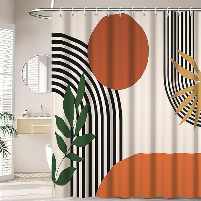 Mid Century Boho Shower Curtain for Bathroom Brown Green Leaves Red Sun Arch Stripes Shower Curtains Vintage Abstract Bathroom Set Decor Washable Waterproof Polyester Fabric with Hooks 72x72 Inch