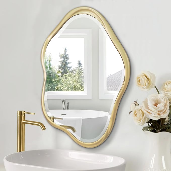 Irregular Wall Mirror, 24"X36" Gold Asymmetrical Bathroom Vanity Mirror, Framed Cloud Mirror for Washroom, Bedroom, Entryway