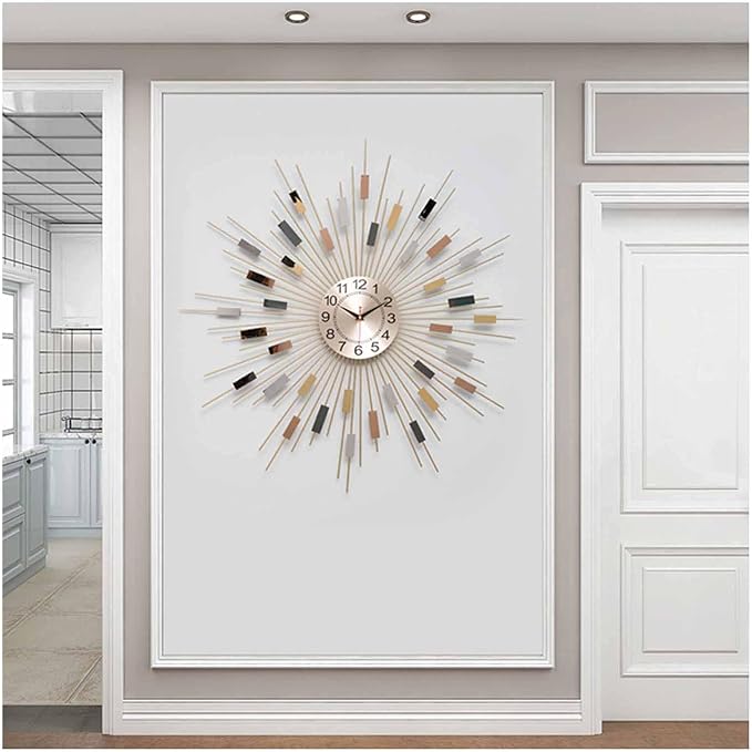 Gold Sunburst Wall Clock for Living Room - Large Non-Ticking Silent Modern Decor - Elegant Metal Dial Clock for Bedrooms