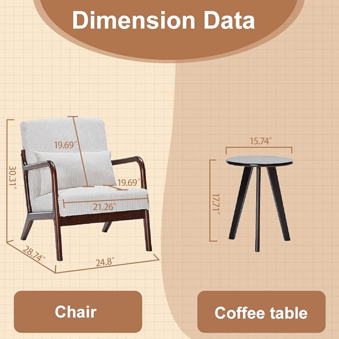 Accent Chairs with Side Table, Mid Century Modern Chair with Pillow, Arm Chair with Solid Wood, Reading Relaxing Leisure Chair for Living Room, Bed Room, Waiting Room, White