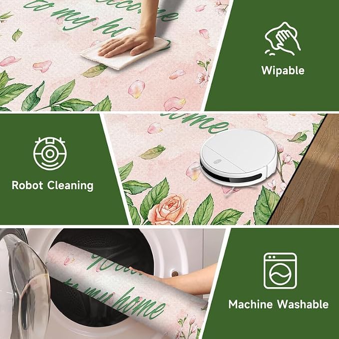 Welcome Rug Floral Area Rug for Entryway Bedroom Living Room Nursery Playroom Classroom Home Decor Pink Rose Green Leaf Carpet Non-Slip Washable Floor Mat,3'x5'