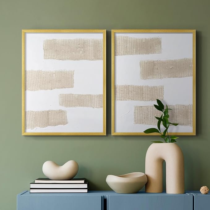 Renditions Gallery Set of 2 Peel & Stick Framed Prints, Modern Abstract Wall Art, Textured Brush Strokes Wall Decor, Re-Stickable - Ready to Hang - 8"x10" - GOLD Frame LT588