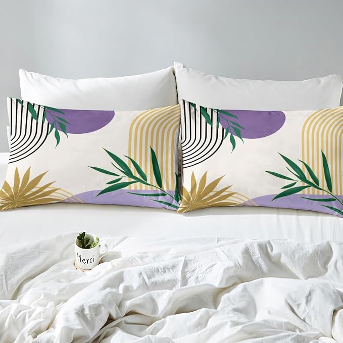 Erosebridal Geometric Leaves Duvet Cover Queen for Kids Teens Adults,Mid Century Purple Comforter Cover,Abstract Modern Boho Bedding Set,Gold Botanical Minimalist Bed Set 3 Pcs Bedroom Decor