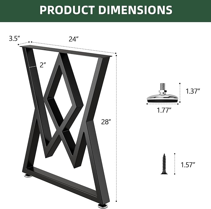Metal Table Legs 28" H x 24" W Furniture Desk Bench Dining Table Legs Diamond Shape Heavy Duty Desk Legs with Adjustable Feet Set of 2 Black