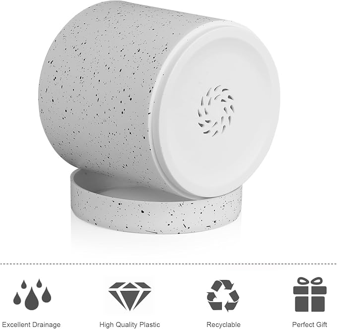 Meowell 7/6.5/6/5/4 inch Plant Pots, 5 Pack Cylinder Flower Pots for Small Indoor Outdoor Plants, Plastic Planters with Drainage Holes and Saucers for Garden Succulent House Plants, Speckled White