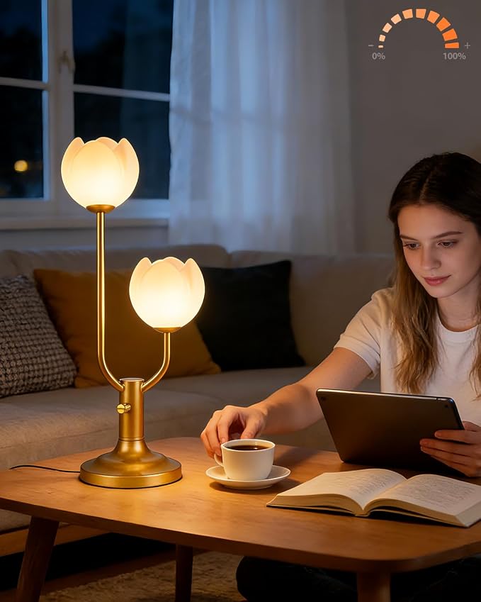 Lightdot Gold Flower Table Lamp for Bedroom, 2 Floral Heads 3000K Warmwhite Dimmable Bedside Lamps with Plug, Mid Century Modern Small Desk Lamp for Living Room Nightstands Home Office