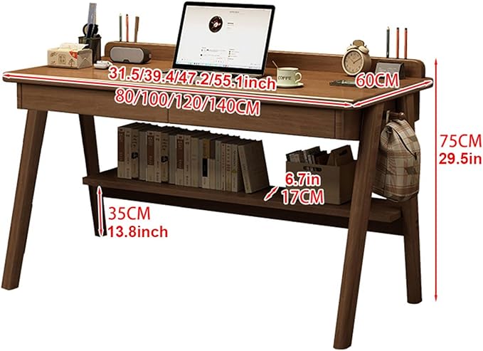 Mid-Century Modern Wood Desk,Computer Desks with Drawers and Storage Shelf,Study Work Writing Table,Modern Industrial Home Office Desks for Writing,Executive,Study,Work(Walnut,32in(80cm))
