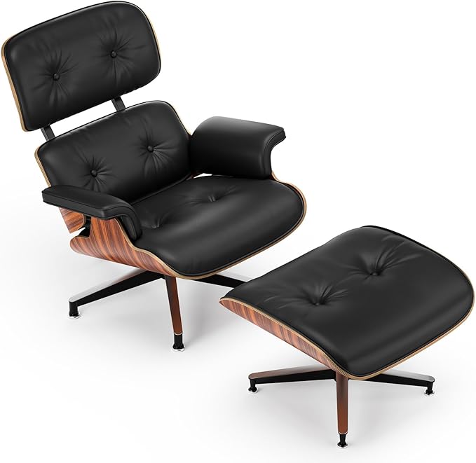 Top Black Grain Leather, Mid Century Chaise Lounge Chair and Ottoman, Modern Chair Classic Design, Palisander Wood, Heavy Duty Base Support for Living Room Office