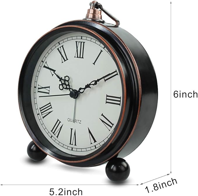 Retro Metal Table Clock Battery Operated Non-Ticking Silent Quartz Table Desk Small Alarm Clock Desk Clock for Kids Bedroom Living Room (Roman-550-15)