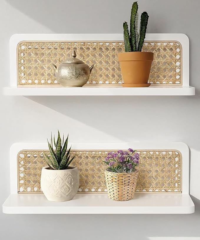 Rattan Wall Shelf 16inch Set of 2, Handmade White Floating Shelves Boho Wall Decor, Rustic Wood Cute Wall Mounted Storage Shelves for Living Room Nursery Bedroom
