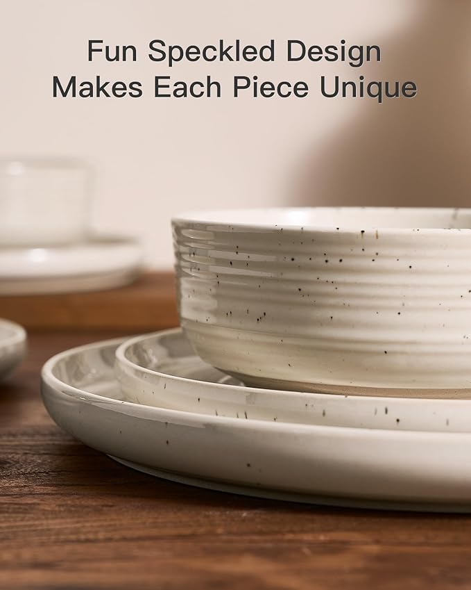 Stoneware Dinnerware Sets, Plate and Bowl Sets for 4, 12 Pieces Spiral Flared Dishware with Speckles and Reactive Glaze, Microwave Dishwasher Safe Family Tableware, Shell Beige